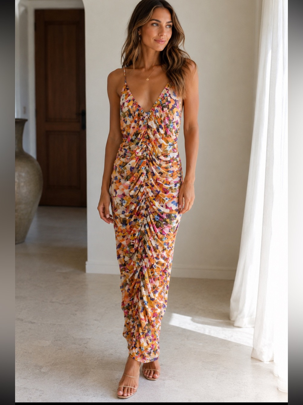 Liv Foster Floral Ruched Column Maxi/Midi | Abstract Print | Sleeveless